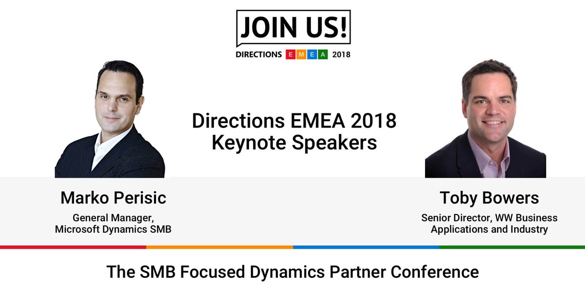 DirectionsEMEA's tweet photo. Meet #DirectionsEMEA keynote speakers, @mpdynamics365 Marko Perisic, GM,  Dynamics SMB, and Toby Bowers, Senior Director, WW Applications&amp;Industry during Q@A sessions and discussions. Register now  to ensure you have access to the first-hand knowledge about #MSDyn365BC #readyToGo https://t.co/7U1MHkJqP3