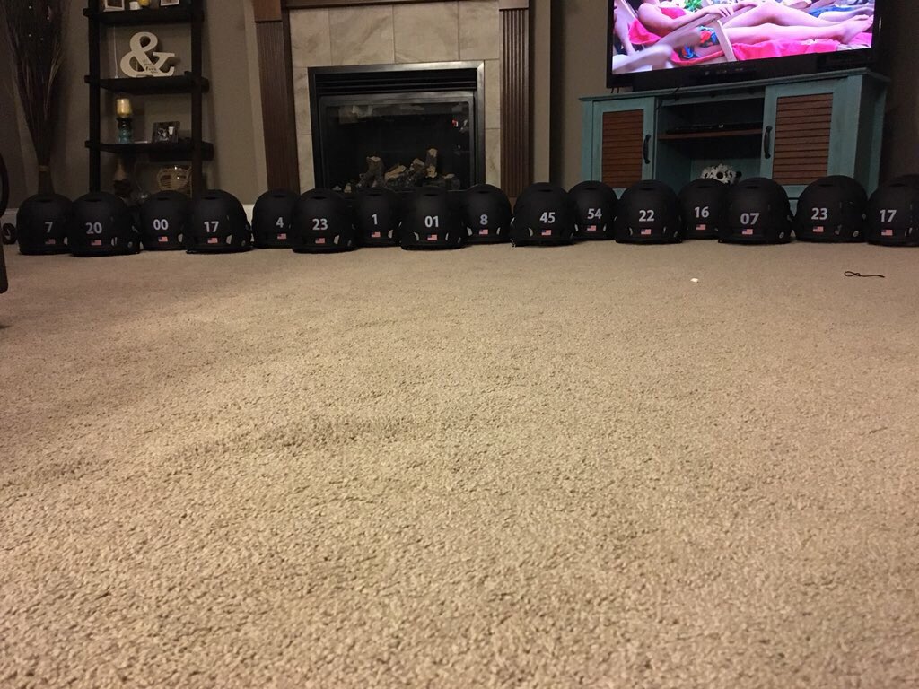 Helmets are almost completed and ready to go for the weekend. Shout out to #RIPITsports for making a quality helmet and to #VanGinkels for getting them for us. Shout out to #SignatureSigns7 for making the numbers. Great partnerships helping girls that love the game of softball