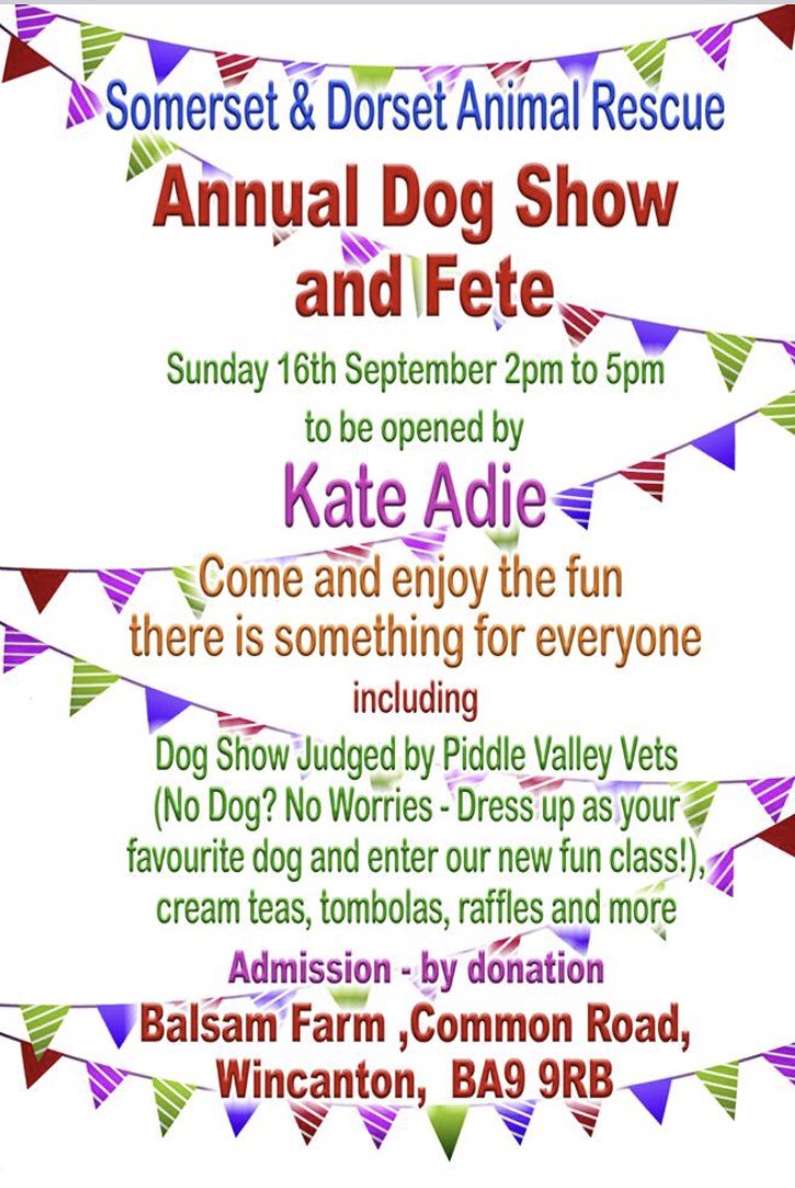Only 2 more sleeps until the #fundogshow ! Join us for a #fete with #dogs #tombolas #raffles and more! The wonderful Kate Adie is opening events this #sunday Come and join us! All for a good cause and all lots of fun 😊🐶🐈 #events #somerset #sorset #animals #thisweekend #friyay