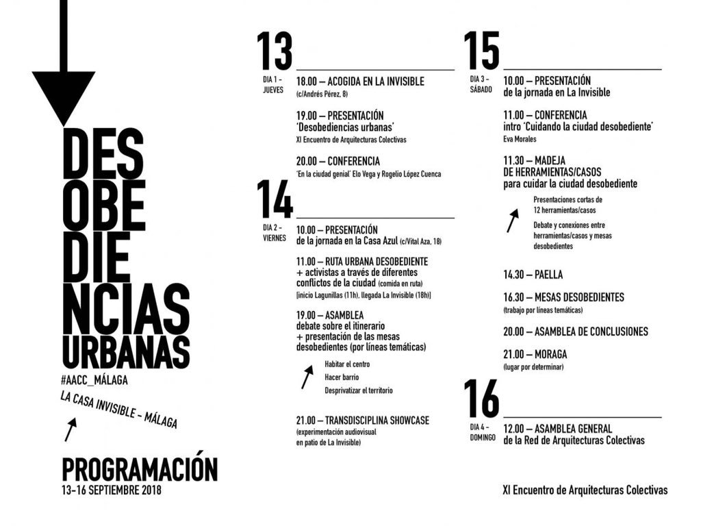aacc_net's tweet photo. XI Encuentro de Arquitecturas Colectivas. 
DÍA2 14NOV
¡Nos vamos de ruta desobediente! #AACC_Málaga https://t.co/iyjNEEAcC0