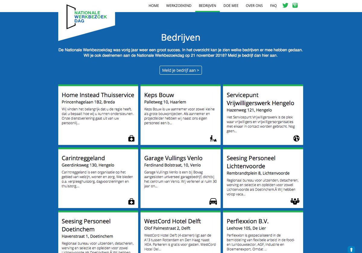 Werkbezoekdag's tweet image. Uiteenlopende werkgevers melden zich aan voor de Nationale #Werkbezoekdag 2018!

Ben jij een bevlogen professional en enthousiast over je vak? Ga dan op 21 november ook in gesprek met een nieuwsgierige werkzoekende.