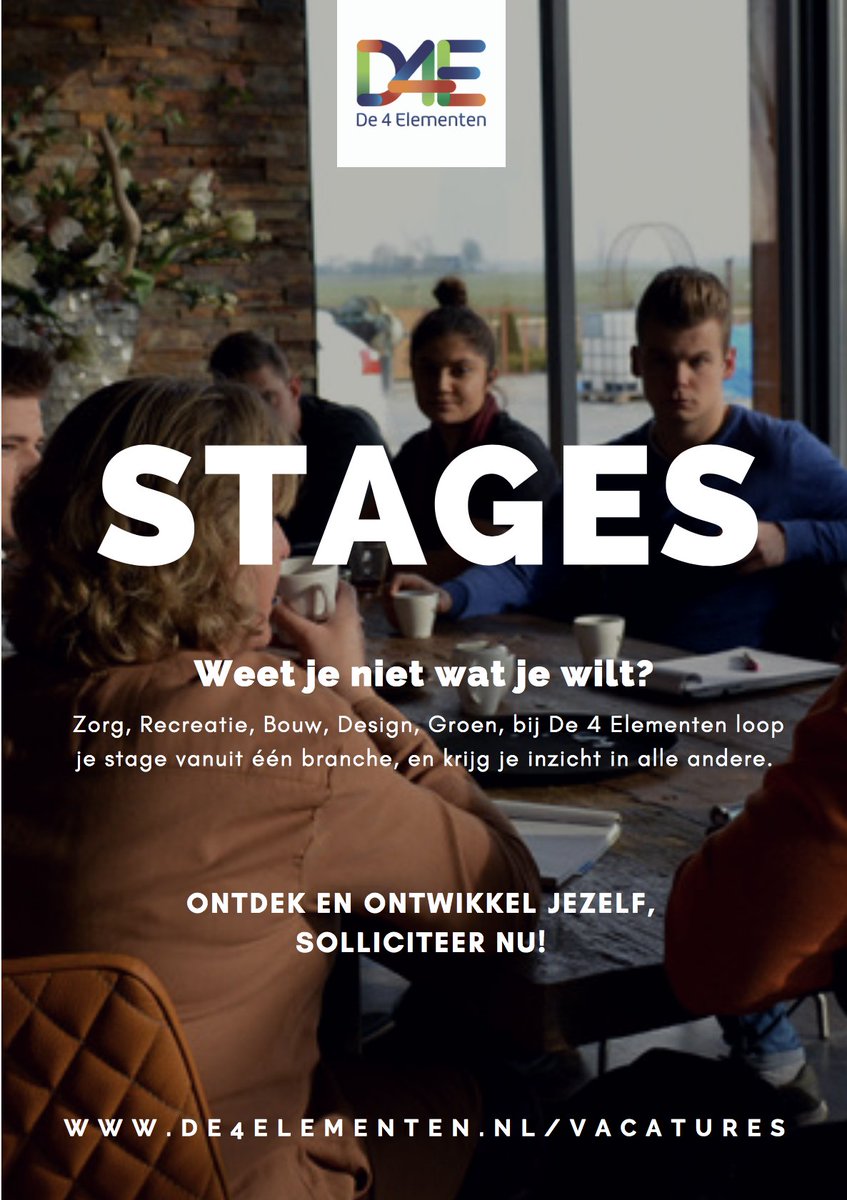 Weet je niet precies wat je wilt, en kom je daar graag achter? Bekijk onze #stages / #werkervaringsplaatssen. Zie je wat jij wilt er niet bij staan? Neem contact op 0512-712400 de4elementen.nl