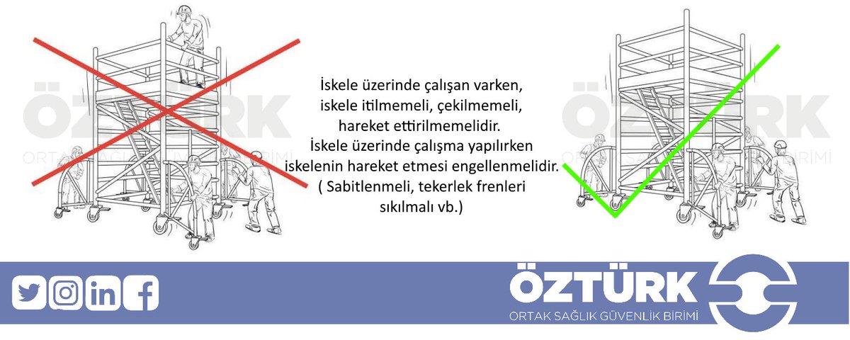İskele üzerinde çalışan varken, iskele itilmemeli, çekilmemeli, hareket ettirilmemelidir. İskele üzerinde çalışma yapılırken iskelenin hareket etmesi engellenmelidir. (Sabitlenmeli, tekerlek frenleri sıkılmalı vb.) #isg #işgüvenliği #öztürk #osgb #tedbir #risk #iskele #inşaat