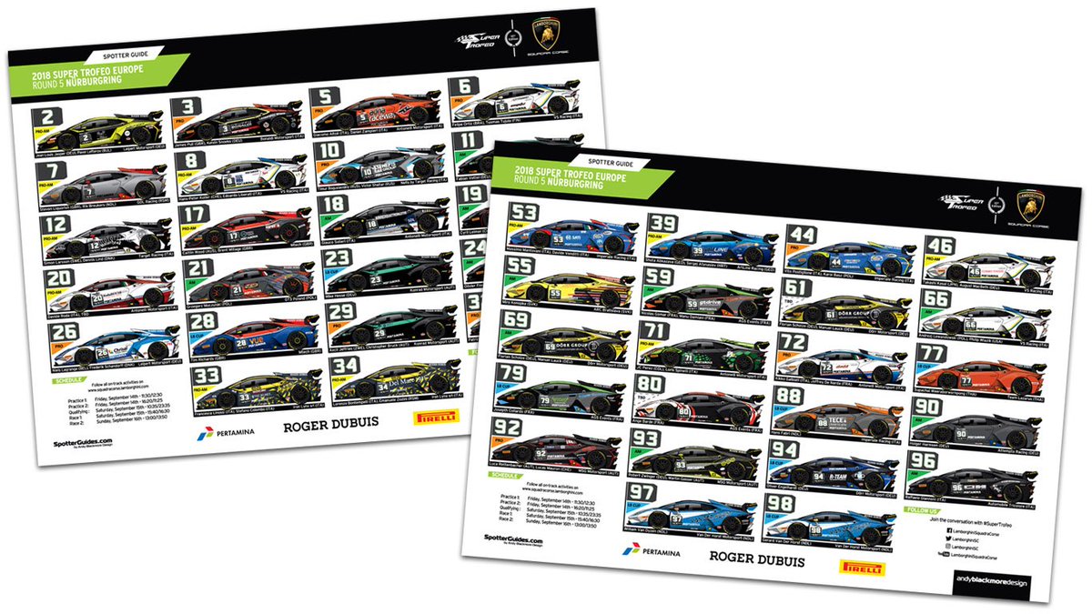 andyblackmore's tweet photo. The official @LamborghiniSC #SuperTrofeo Spotter Guide for the @nuerburgring is online to download at  https://t.co/B9XxdK0CEF Part of the #BlancpainGT Weekend. #LSTE #LST #Lamborghini #Huracan https://t.co/3nbRHe6vjT