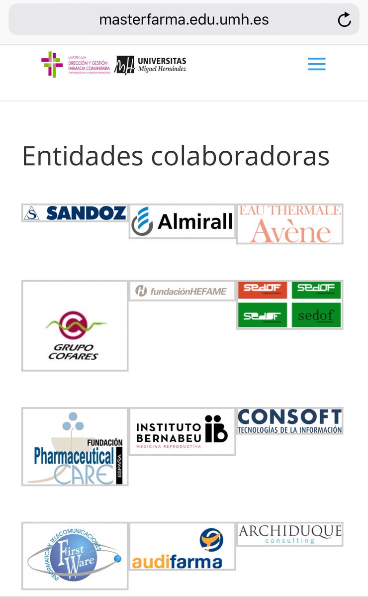 ElsaLopezUMH's tweet photo. “Si quieres que algo funcione,rodéate de los mejores” Mil gracias a nuestros colaboradores, enriquecéis nuestro Máster #Farmacia : @Cofares @Sandoz_Global @clubfarmacia @AveneEspana  @PhCare_es @InstBernabeu @Audifarma @farmatic @SEDOF_ORG @Portalfarma @SEFAC_aldia https://t.co/vp0Du063rl