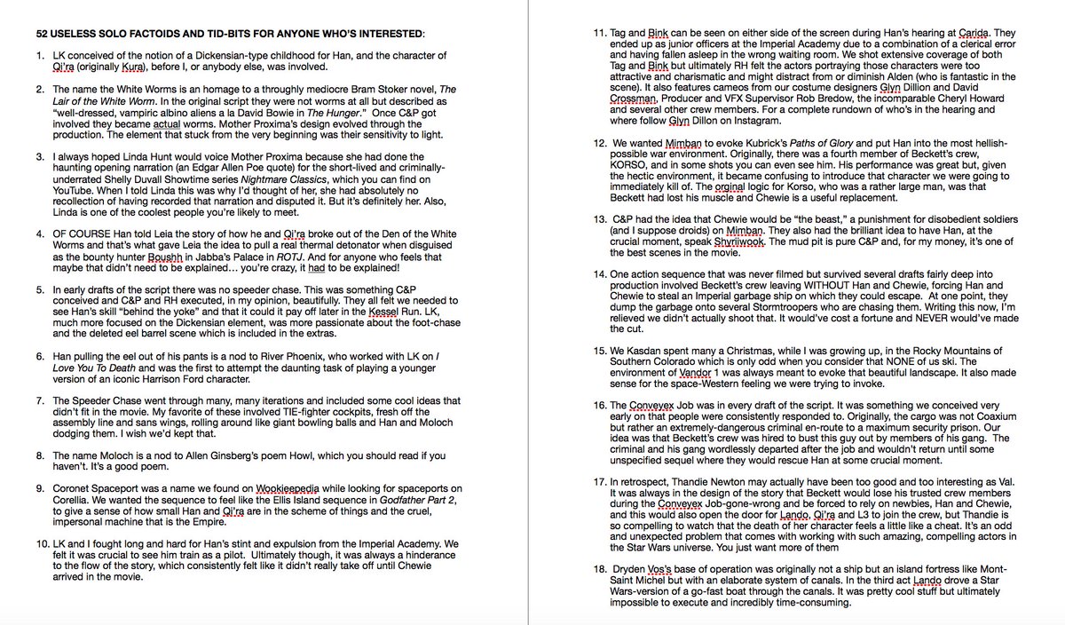 In honor of the digital release of  #SoloAStarWarsStory & in lieu of a commentary, here are 53 random factoids & notes about the making & writing for anybody who's interested. If you haven't seen the movie yet... maybe watch it before reading? Anyway, enjoy the movie &  #MTFBWY