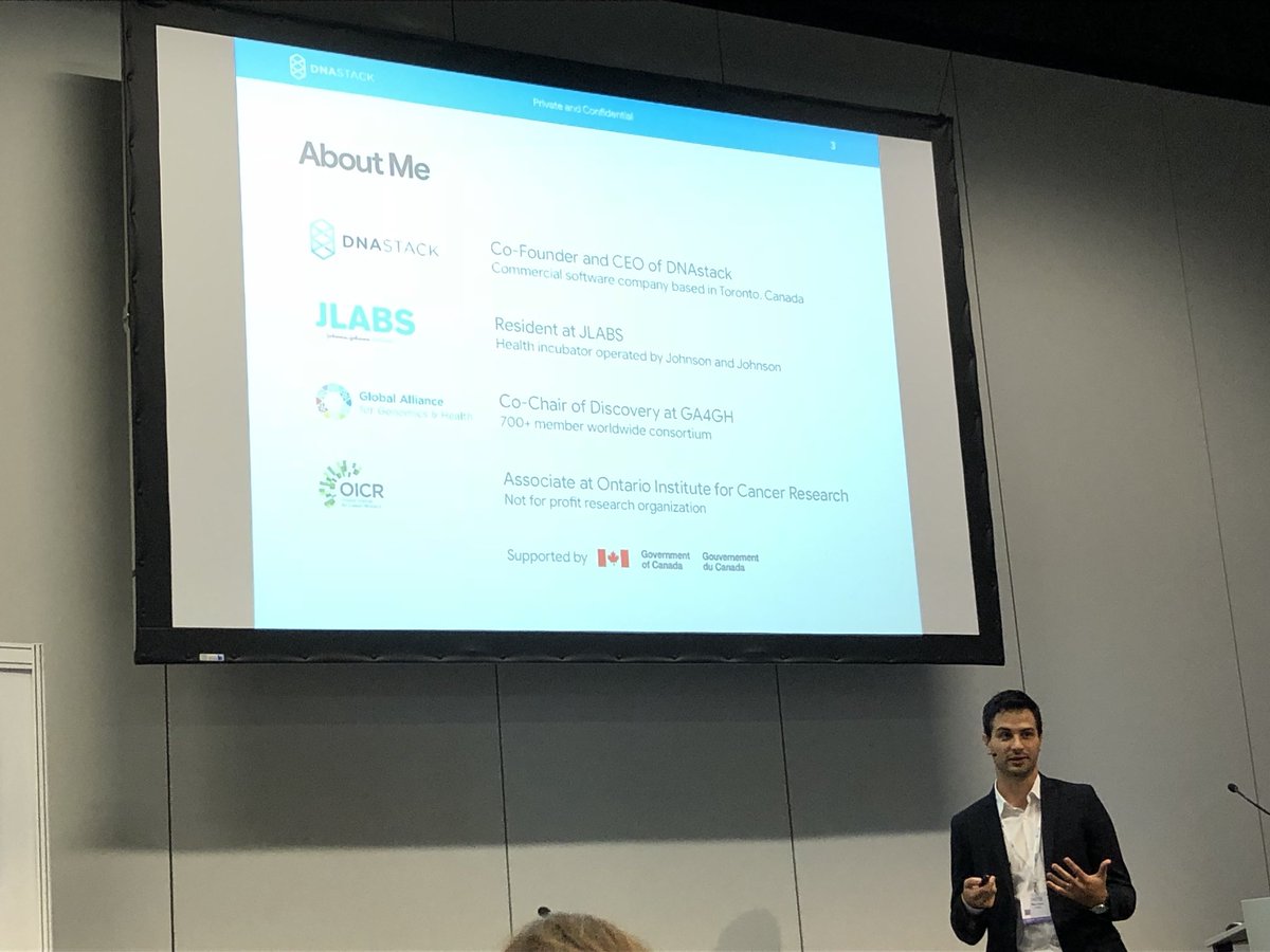 MSchindeleTCS's tweet photo. To enhance data sharing and move health care forward Marc Fume of @DNAstack shares their initiatives at #basellife18 and encourages collaboration with them and 🇨🇦. @MaRSDD @DTSupercluster @GenomeCanada #Genomics https://t.co/WcUeVBSfQs