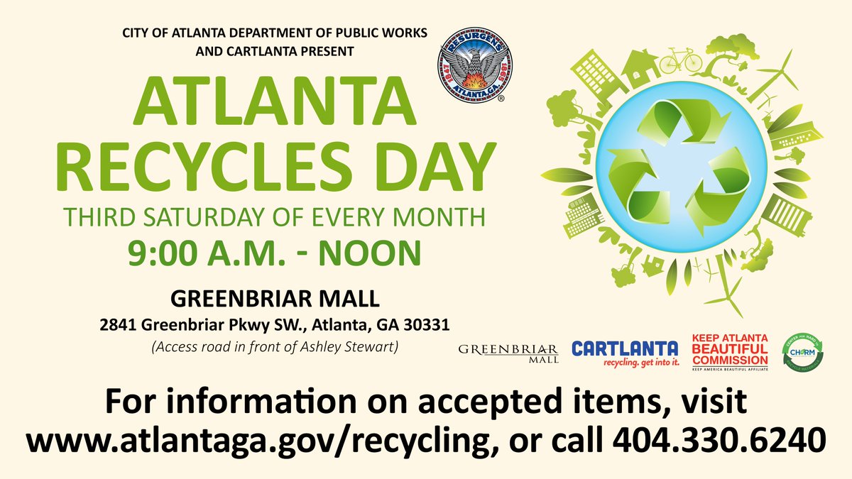 ATLPublicWorks's tweet photo. That's right, it's that time again! #AtlantaRecyclesDay is this #Saturday, September 15 from 9am-12pm at @GreenbriarMall. Visit https://t.co/eRAvGJrthO for more information on what items are accepted, and while you're there check out the #WasteWizard for best #recycling options. https://t.co/pj6tWgYLg3