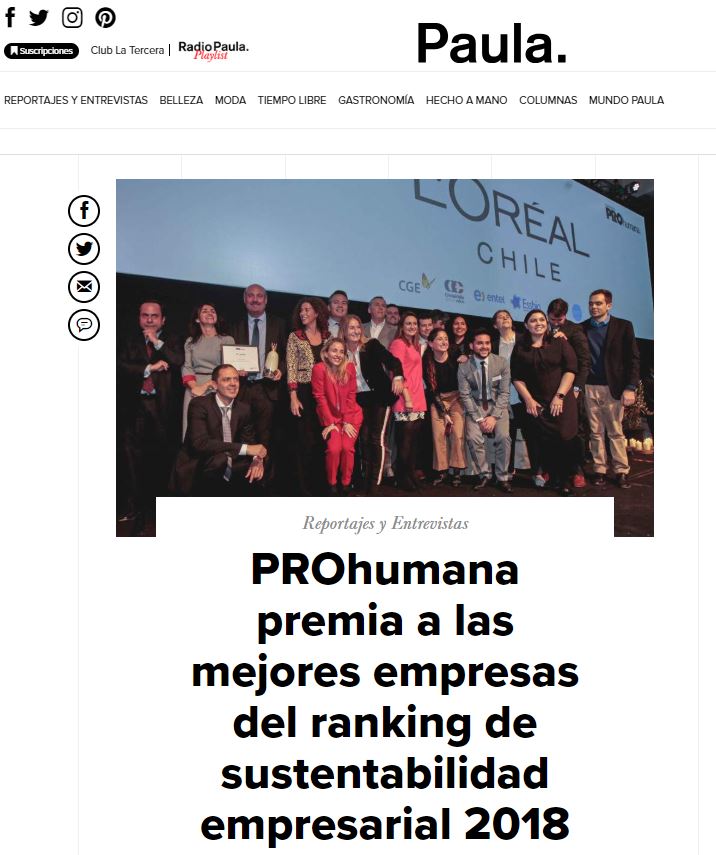 PROhumana's tweet photo. @revista_paula destaca el primer lugar de @Loreal_Chile en Ranking de Sustentabilidad Empresarial PROhumana 2018 #RankingSE https://t.co/qvA4LMX4Bl https://t.co/pm82a32MXZ