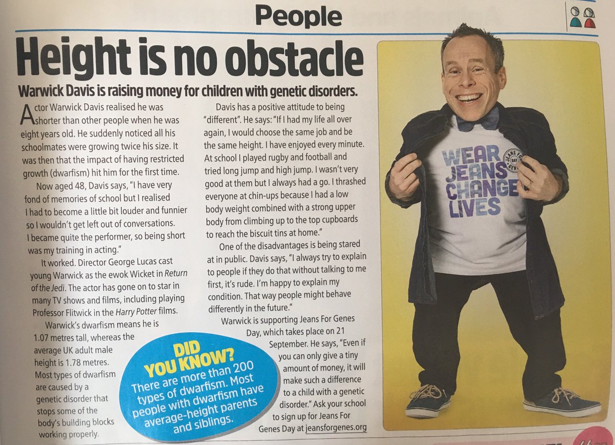 GenePeopleUK's tweet photo. The word "inspirational" is overused but sometimes it's perfect. Here's our wonderfully inspirational ambassador @WarwickADavis in @TheWeekJunior explaining why you should sign up for @JeansforGenes Day. Go on, do it now. #Fridayfeeling #hero #genetics @LPUKOnline @SammyDDavis https://t.co/7SFAzG2dfb