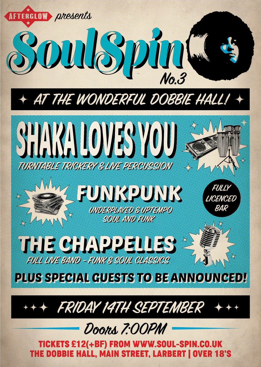_SoulSpin's tweet photo. GET DOWN TONIGHT!

We can't wait for tonight's extravaganza of funk, soul, northern and much more!

Doors open at 7pm so get down early and make sure you don't miss the first act at 8pm, Brass, Aye? a 20 piece brass band playing funk and soul is not to missed! https://t.co/xvO0RLRL2V
