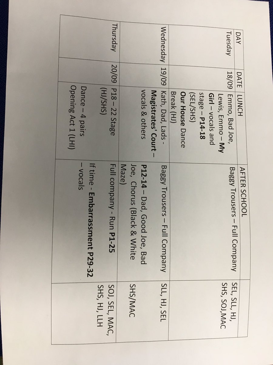 Our House rehearsal schedule week beginning 17/9 #baggytrousers