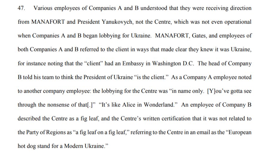 PODESTA & MERCURY KNEW: New MUELLER info shows that the firms knew the non-profit they were representing was a front for MANAFORT's pro-Russian client. A Mercury employee said the set-up was like Alice in Wonderland. A Podesta employee called it a fig leaf on a fig leaf.