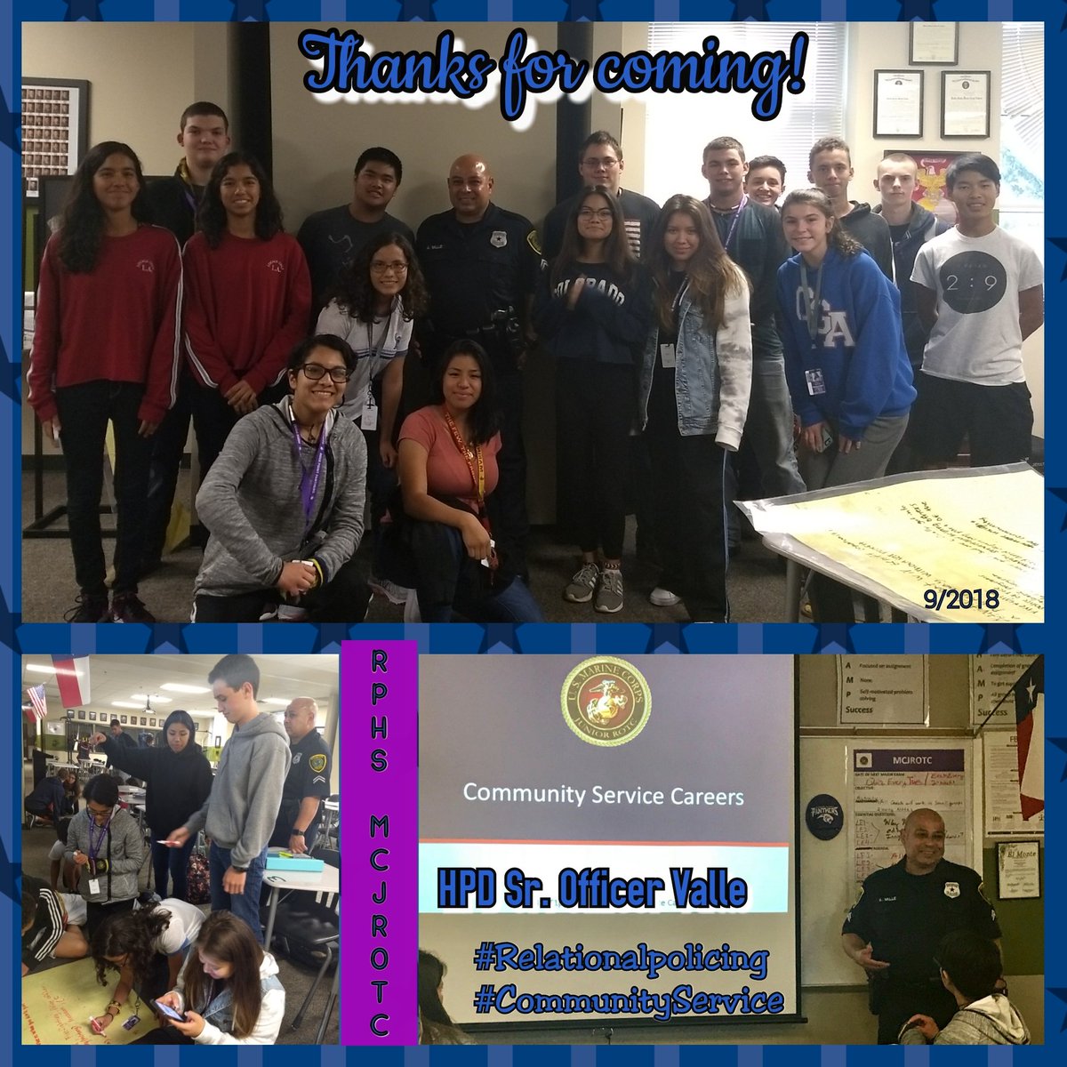 mmmjsaldivar's tweet photo. Couldn't be prouder to hear that @houstonpolice Officer Valle, himself a veteran, left a great impression on these MCJROTC cadets with his experiences shared. #relationalpolicing #commuitypolicing https://t.co/2wadbpQSFU