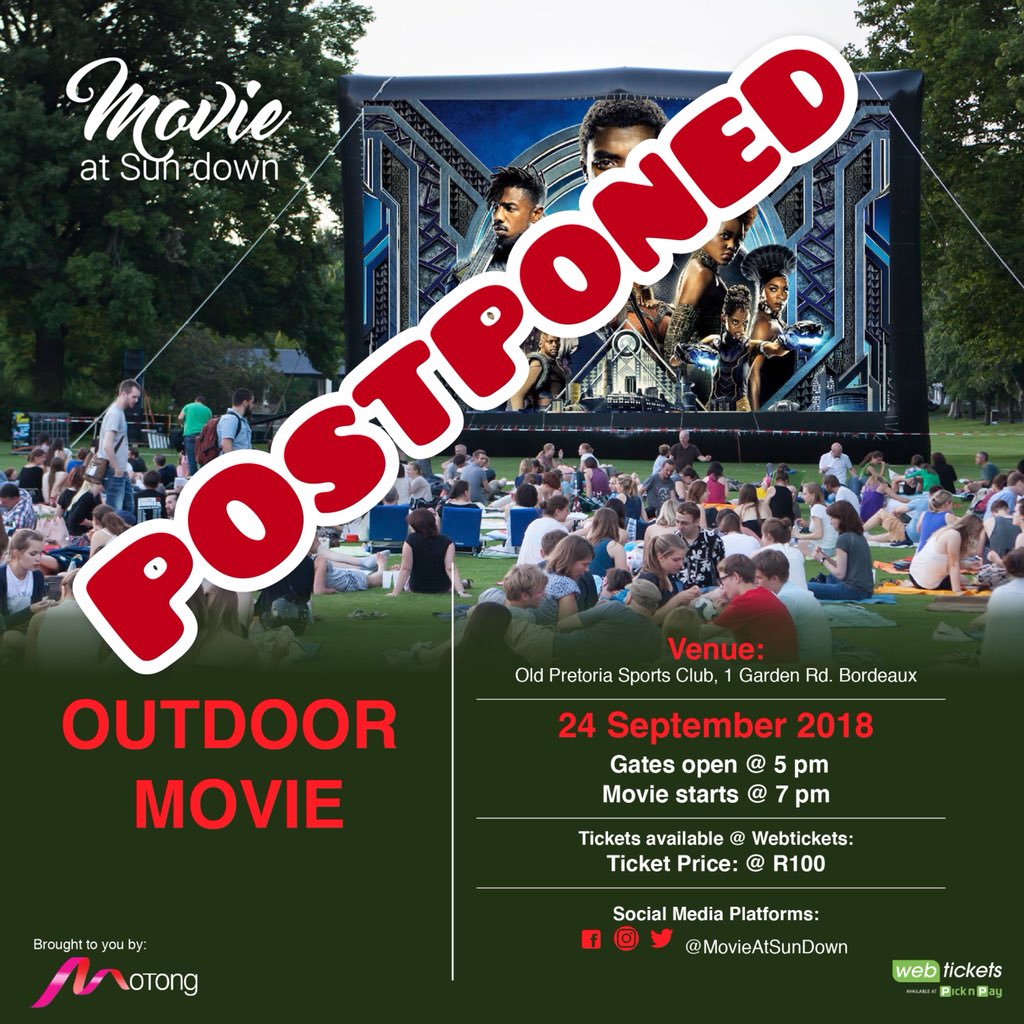🚨🚨🚨
Unfortunately our #MovieAtSunDown has been postponed due to unforeseen circumstances. To those who bought tickets, you will be given a refund and will be notified via email and sms. 

We will announce the next date as soon as we can.