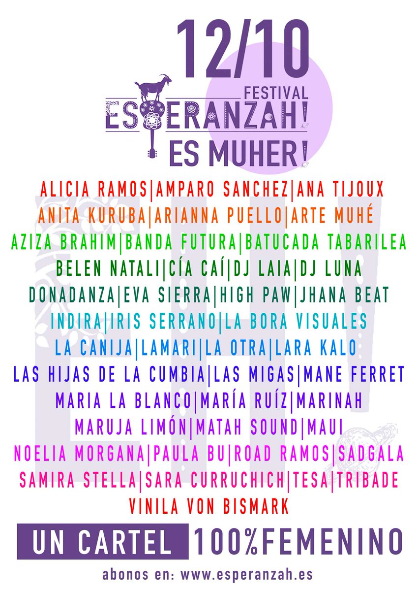 Al Festival Esperanzah es Muhér el 12 d'octubre, que tindrà un cartell 100% femení (des de les tècnics a les artistes). ¡No t'ho perdis!

Demostren que un altre món és possible. 

#EsperanzahEsMuher @EsperanzahWMF #ArteMuhé <a href="/amparosanchez/">Amparo Sánchez</a> <a href="/VinilavBismark/">Vinila</a> <a href="/AnitaKuruba/">AnitaKuruba</a> <a href="/anatijoux/">ana / anita tijoux</a>