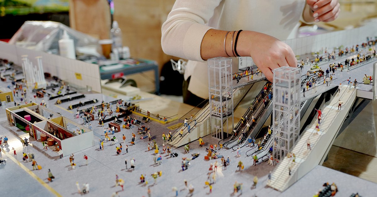 There are about 2,500 hand-placed figures in the Terminal Building at our Miniature airport! #GulliversGate #ModelMaking #Miniatures #Airport #PreiserFigures