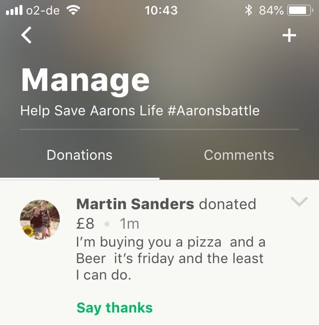 In other happy news this morning the lovely Martin <a href="/Shape_Changers/">Shape Changers</a>  who always supports Aaron as much as he possibly can is encouraging people to donate the price of a beer or a pizza this Friday&amp;has started it off himself by doing both.Thanks Martin 😘
#takeaway #beer #Friday
🌻
