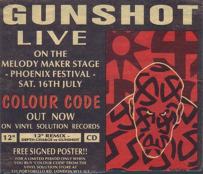 GunshotUk's tweet image. Gunshot's "Colourcode" 12inch promo flyer + Phoenix Festival live performance 1994 #colourcode #phoenixfestival1994 #melodymaker #vinylsolution #depthcharge #italdon #whitechildrix #barryblue #mercury