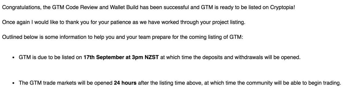 cryptotrader85's tweet photo. It has been confirmed that $GTM will be listed on @Cryptopia_NZ on Sep 17th. Deposits will be opened on this date & trading will start 24 hours after.
#GTM #Gentarium #Masternodes #MasternodePlatform #Crypto #Cryptopia https://t.co/FmfIwEDPDd