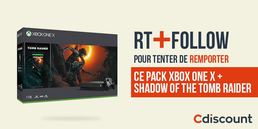 Cdiscount's tweet image. 🎁 #Concours 

👌 À gagner : Pack Xbox One X + Shadow of #TombRaider

👉 bit.ly/2NFlq6o

🔸 Pour tenter votre chance : 
RT + Follow @Cdiscount

☑️ TAS 27/09