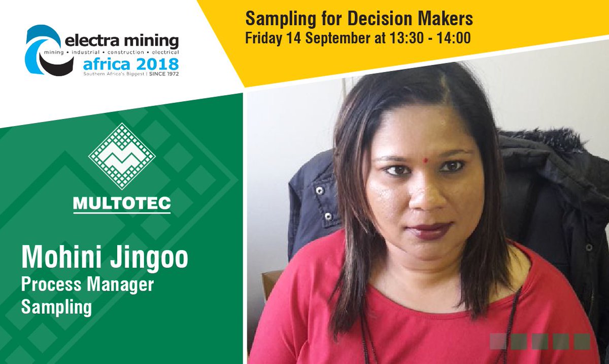 Multotec's tweet photo. Mohini Jingoo will be sharing her thoughts on Friday 14 September at 13:30 - 14:00 @electramining https://t.co/JkQCzpJr2A #Diversity #EMA2018 #MineralProcessingEquipment #ElectraMining18 https://t.co/KIavv9WFtl