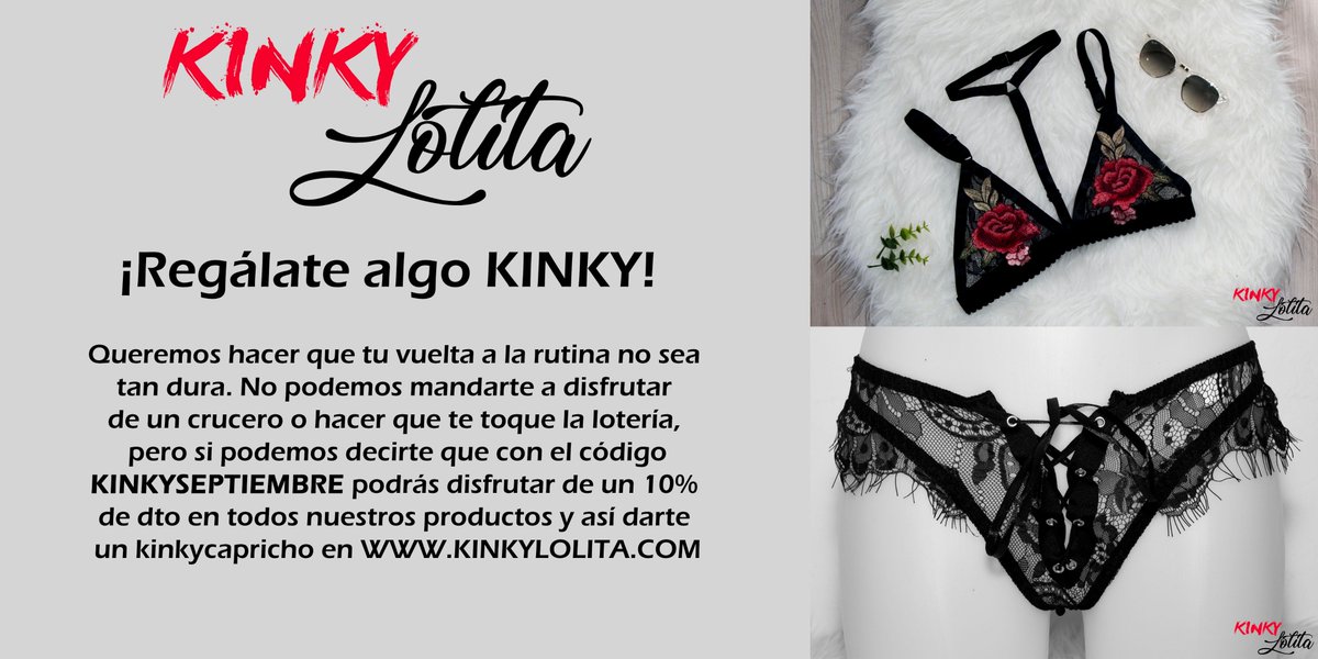 Como sabemos que la vuelta a la rutina puede ser muy dura, desde kinylolita.com queremos hacertela un poco mas llevadera. Podrás obtener el 10% de descuento en todos nuestros productos usando el código KINKYSEPTIEMBRE al realizar tu compra. Tienes hasta el 14-10-18