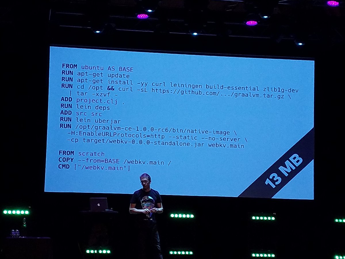 Pisketti's tweet photo. From a full blown #ubuntu image to a container with the native app and nothing else. @janstepien #graalvm #Clojure #clojuTRE https://t.co/taRqYwYi2l