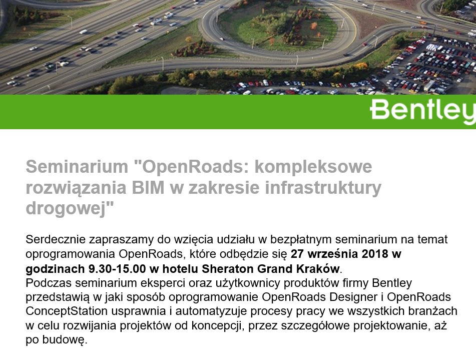 BentleyPolska's tweet photo. Zapraszamy na seminarium na temat oprogramowania OpenRoads, które odbędzie się 27.09.2018 w Krakowie. Konieczna rejestracja: https://t.co/sOIjam9Wc8
#drogi #projektowanie #BIM https://t.co/BgBSFYeDmr