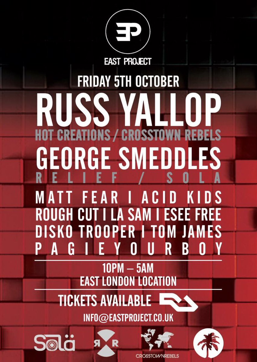<a href="/eastprojectldn/">EAST PROJECT LONDON</a> NEXT MONTH w/ @russyallop, <a href="/GeorgeSmeddles/">George Smeddles</a>, @mattfear1, <a href="/AcidKids_Pablo/">AcidKids_Pablo</a>, @roughcutbeats, <a href="/LASAM_DJ/">LA SAM</a> PLUS MORE! 🤪🎶🙌🏽

Tickets - residentadvisor.net/events/1134826