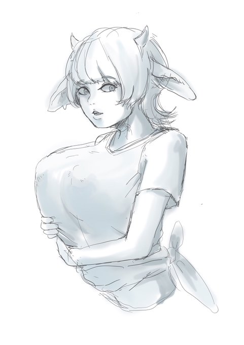 Tシャツ着てる女の子と乳首浮かんでるTシャツと牛ケモミミ 