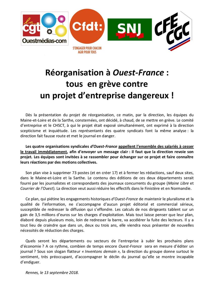 CGTPONTIVY's tweet image. Réorganisation à Ouest-France :
Tous en #grève contre un projet d’entreprise dangereux !

#CGT 
#SNJ
#CFDT
#CFECGC
#Ouestfrance