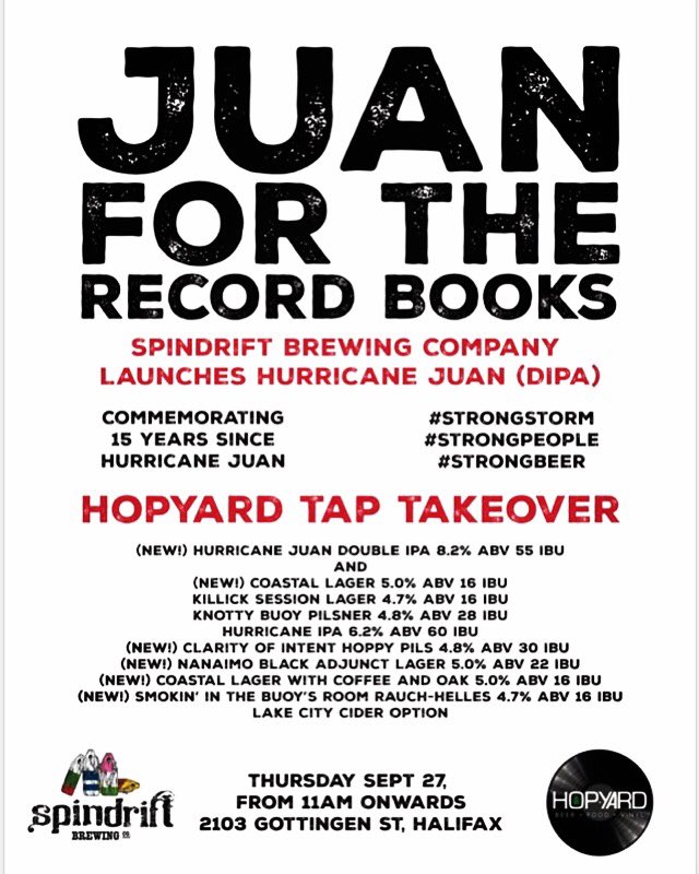 @hopyardhalifax #taptakeover featuring the launch of our brand NEW Hurricane Juan DIPA is coming your way SOON! This will be #juan for the record books!! 🍻🙌🏻 #strongstorm #strongerpeople #strongbeer #commemorating15yrs
#nscraftbeer #craftbeer #taptakeover #hurricanejuan  #dipa