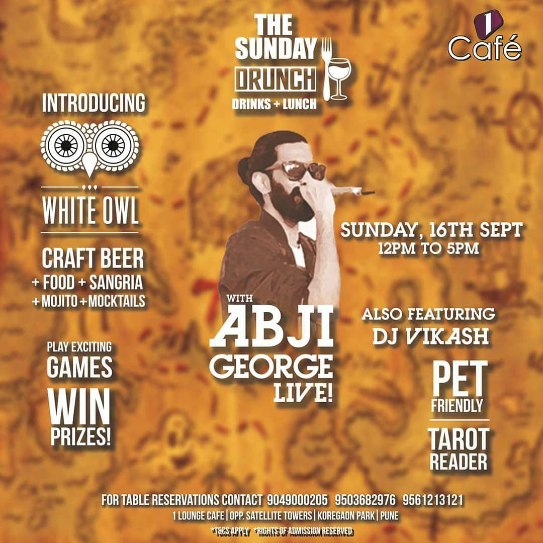 PomeloSocial's tweet photo. Head over to 1 Lounge this Sunday, the 16 of September for The Sunday Drunch! Enjoy fabulous live music by Abji George combined with some great food, an awesome vibe and brews by White Owl!

#pomelosocial #weekend #pune #weekendplans #baraza #whiteowl #punenightlife #foodies https://t.co/CgNcSiLN6A