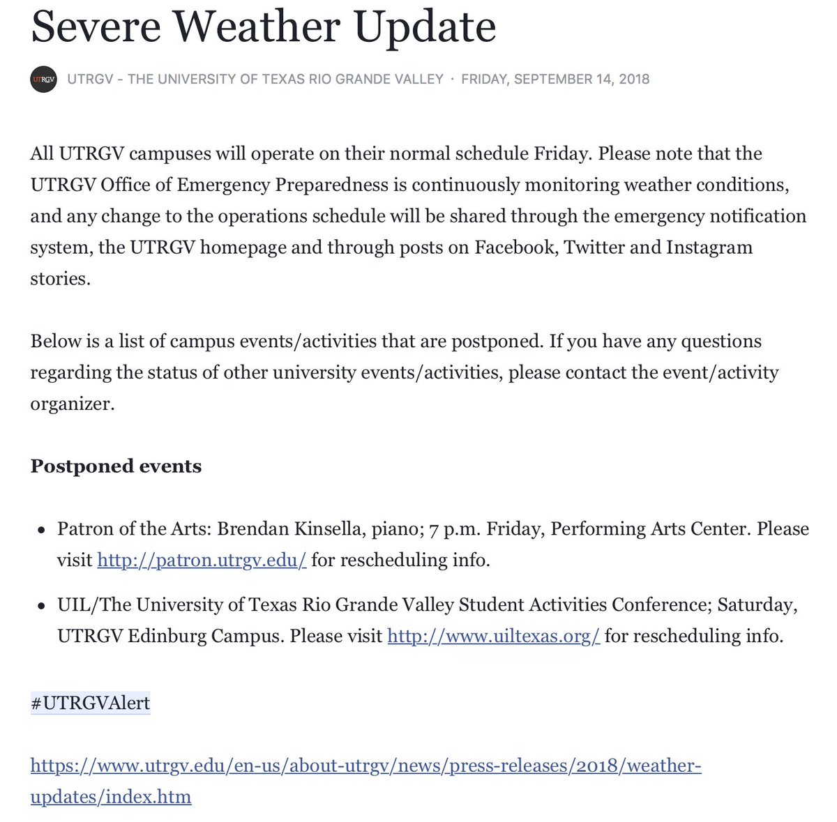 utrgv's tweet photo. Severe Weather Update #UTRGVAlert https://t.co/FNLOgWlSuj