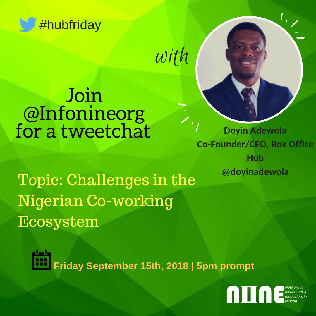 Infonineorg's tweet photo. Today's tweet chat with @DoyinAdewola is going to be quite revealing on issues pertaining to the Nigerian co-working ecosystem.
Join us @Infonineorg by 5pm today.
#hubfriday #coworking #coworkingspace #ecosystem https://t.co/60QygxHKFJ