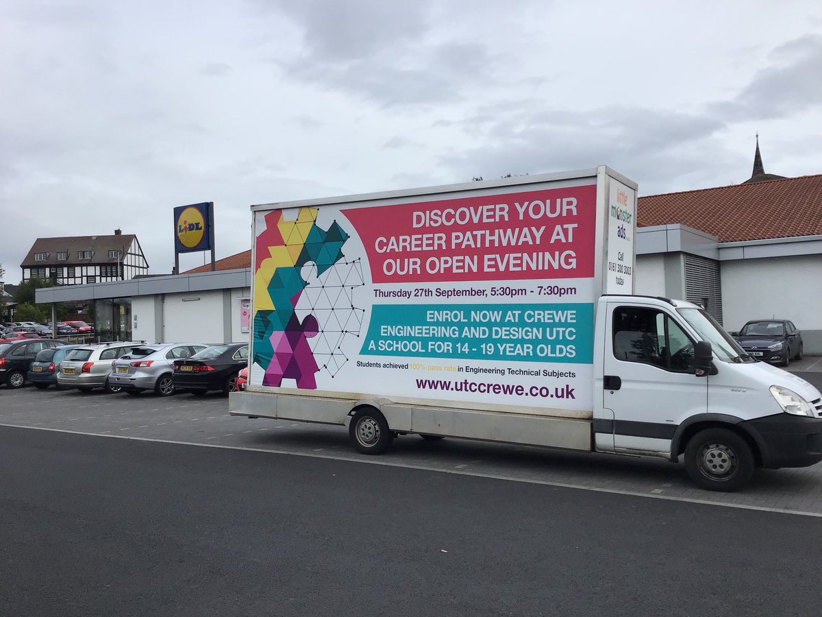 LMonsterAds's tweet photo. Look out for @CreweUTC #Advan on the move today across #Northwich #Winsford #Nantwich #Crewe #Sanchbach #Middlewich #Knutsford promoting their Open Evening Thurs 27th Sept! Enrol now https://t.co/6jfS338ER1 #Careers #Education 14-19 yrs olds. https://t.co/tZa1SAqTWw