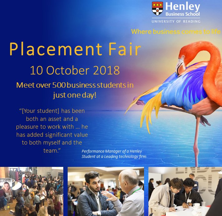 Recruiting placement students to start in summer/autumn '19? There are a limited number of places to exhibit at our Business and Finance Placement Fair on Wed 10 October. For more information, contact me at  j.m.tame@henley.ac.uk #undergraduate #industryplacement #placement