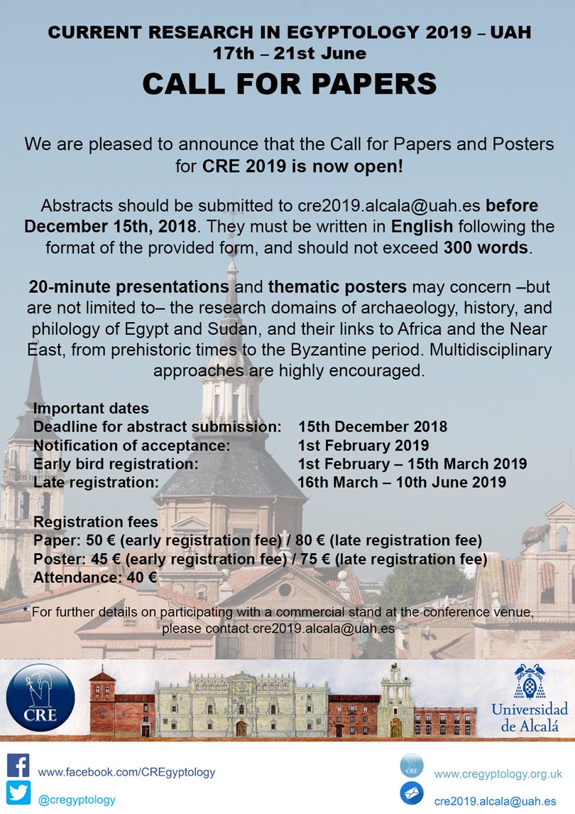 We are pleased to announce that the Call for Papers and Posters for CRE 2019 is now OPEN! <a href="/UAHes/">Universidad Alcalá</a> we look forward to receiving abstracts from junior researchers for CRE 2019. cregyptology.org.uk/?page_id=3641 <a href="/CREgyptology/">CREgyptology</a> <a href="/IAEgyptologists/">IAEgyptologists</a> <a href="/ARCENational/">American Research Center in Egypt</a> <a href="/BEC_egyptology/">British Egyptology</a> <a href="/Egyptian_Museum/">EgyptianMuseumRevival</a>