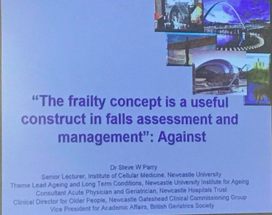 nxtstop1's tweet photo. ▶️ #BGSFalls18 #BGSconf via @GeriSoc #Falls & #Balance
mrt @LaterLifeTrain Debate: is the frailty concept any use in assessment/ mgt? Steve Parry w/rebuff! 30% >65s fall, 12% of >65s frail. Not all fallers are frail. A lot of non-frail fallers missed #frailty #PreventFalls #eFI https://t.co/TXzoNjMz9K