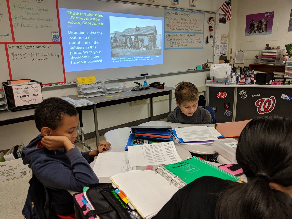 Students use another #ThinkingRoutine to think about perspective. First on a photograph, then in a letter from a Union soldier. #PercieveKnowCareAbout #ThinkSocialStudies #PantherPride @FcpsSocial @Sandburg_MS