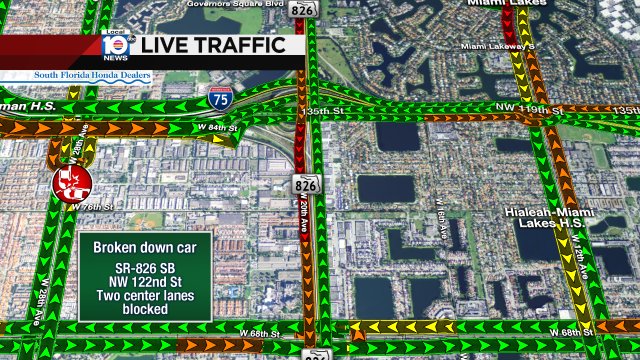 #TRAFFICALERT Broken down car on SR-826 SB at NW 122nd St. Two center lanes blocked https://t.co/axTABjD0Bz