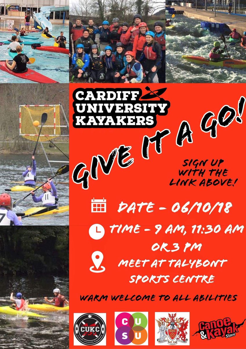 ❗️CARDIFF UNIVERSITY KAYAKERS GIVE IT A GO❗️
Join us at one of our GIAG sessions 

📆 Date -6th of October 
⏰Time - 9am / 11:30am /3pm
📍Location -Talybont Sports Centre 

All abilities welcome 
Sign up using the link bellow
cardiffstudents.com/search/?q=Kayak