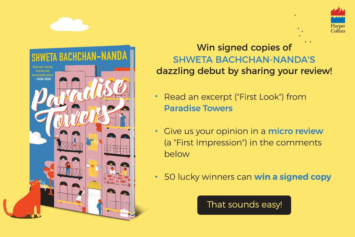 HarperCollins (@harpercollinsin) on Twitter photo Here's your chance to become a reviewer.
Read this excerpt from #ParadiseTowers by Shweta Bachchan-Nanda and share your reviews in the comments below.
Click here to get started: harperbroadcast.com/2018/09/14/firā¦
<a href="/earth2angel/">ShwetaBachchanNanda</a> Here's your chance to become a reviewer.
Read this excerpt from #ParadiseTowers by Shweta Bachchan-Nanda and share your reviews in the comments below.
Click here to get started: harperbroadcast.com/2018/09/14/firā¦
<a href="/earth2angel/">ShwetaBachchanNanda</a>