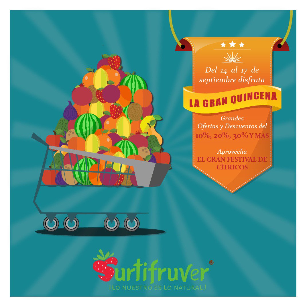 surtifruver's tweet photo. ⏰HOY INICIA LA GRAN QUINCENA⏰
📣Ofertas imperdibles con grandes descuentos en productos seleccionados📣
🍋🍉Del 14 al 17 de Septiembre, visita nuestros almacenes y la frescura de nuestros productos, además disfruta del festival de cítricos🍋🍉
#LoNuestroEsLoNatural https://t.co/Wt95JpdbVG