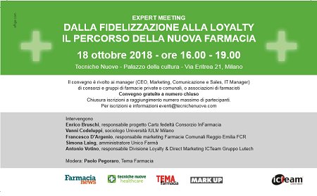 ICTeamSpa's tweet photo. ICTeam tra gli organizzatori tra gli organizzatori del convegno: “Dalla Fidelizzazione alla Loyalty: il percorso della nuova farmacia - 3° Expert meeting”
18/10/18 Milano #survey @TecnicheNuove https://t.co/mP9sTU1sRu @InFarmacia https://t.co/C7xxpHF39e