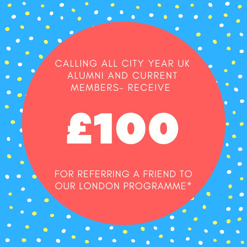 CityYearUK's tweet photo. Are you a City Year UK Alumni or current volunteer? Refer a friend to City Year UK's London programme, and if they join, you'll receive £100 in Love2Shop vouchers!
*Referred recruits have to be in the programme for a month before you receive payment
#CYAlumni #myyearofservice https://t.co/UIZYxptrMI
