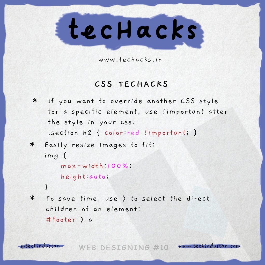 techindustan's tweet image. CSS isn’t always easy to deal with, CSS can sometimes become a nightmare. 
Here, we have CSS tecHacks for you to to build some kick-ass stuff with CSS.
#CSS #tecHacks #Programming #JavaScript #css3 #php #bootstrap #jquery #301DaysOfCode #100DaysOfCode #webdesigner #webdesign