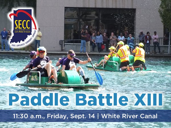 SOIEmployees's tweet photo. Paddle Battle XIII is today! Meet us at 11:30 a.m. on the White River Canal for the annual race benefiting a charity. The top team takes home the coveted (and possibly sentient) @PaddleBattleOAR!
It's a lot of fun for a great cause!
#IndianaSECC #LetsMakeThisCount https://t.co/i85h9NXwJk