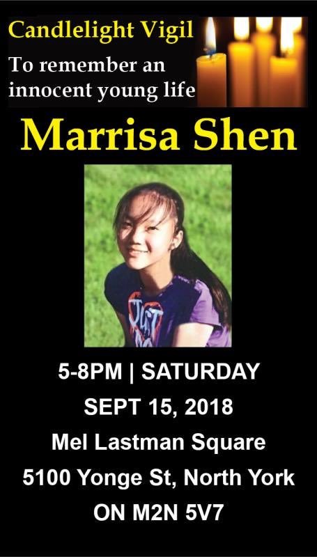 Jessicacao161's tweet photo. Candlelight Vigil
To Remember an Innocent Young Life #MarrisaShen 
5~8pm Saturday, Sep 15
Mel Lastman SQ 5100 Yonge St, North York M2N5V7
@AndrewScheer @StephenHarper @FordNation @MichaelTibollo @Safety_Canada #VoteStevenChen @ShawnLinTrustee @VoteMinXie #ToPoli  #OnPoli https://t.co/4vmtSVdG7o